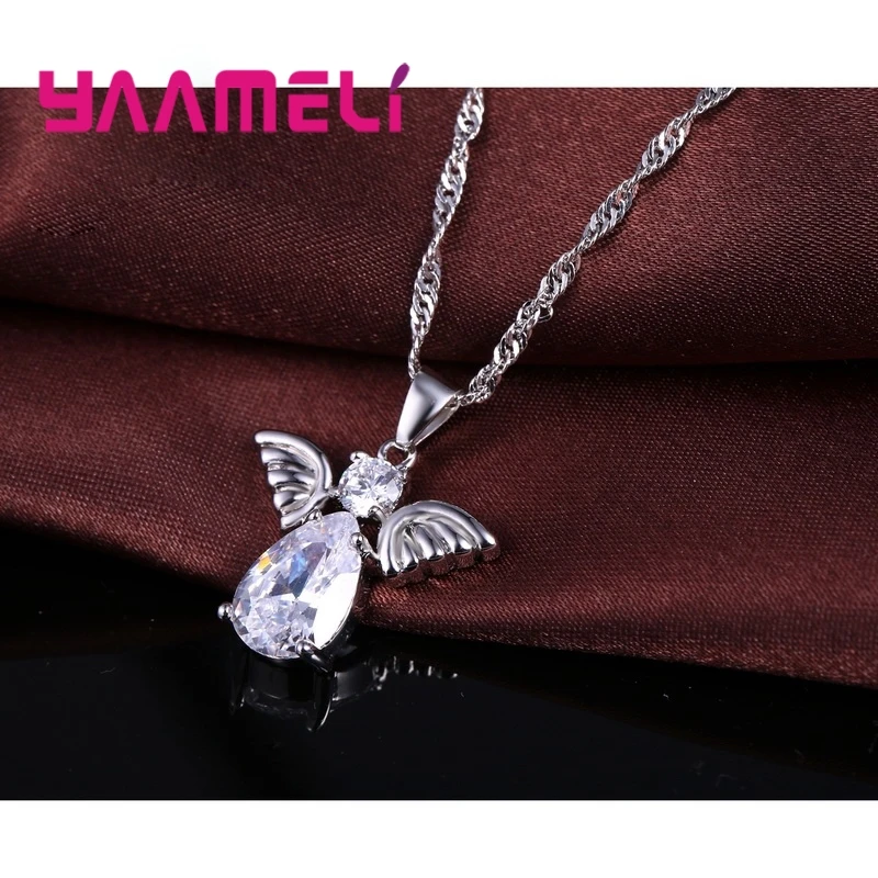 Sale Specials Cute Angel Shape Jewelry Sets Crystal 925 Sterling Silver Color Pendant Necklace And Earring Set Lady Birthday