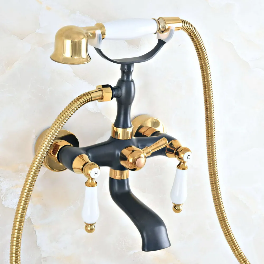 

Black Gold Color Brass Wall Mount Telephone Euro Bath Tub Faucet Mixer Tap w/ Handheld Spray Shower zna413