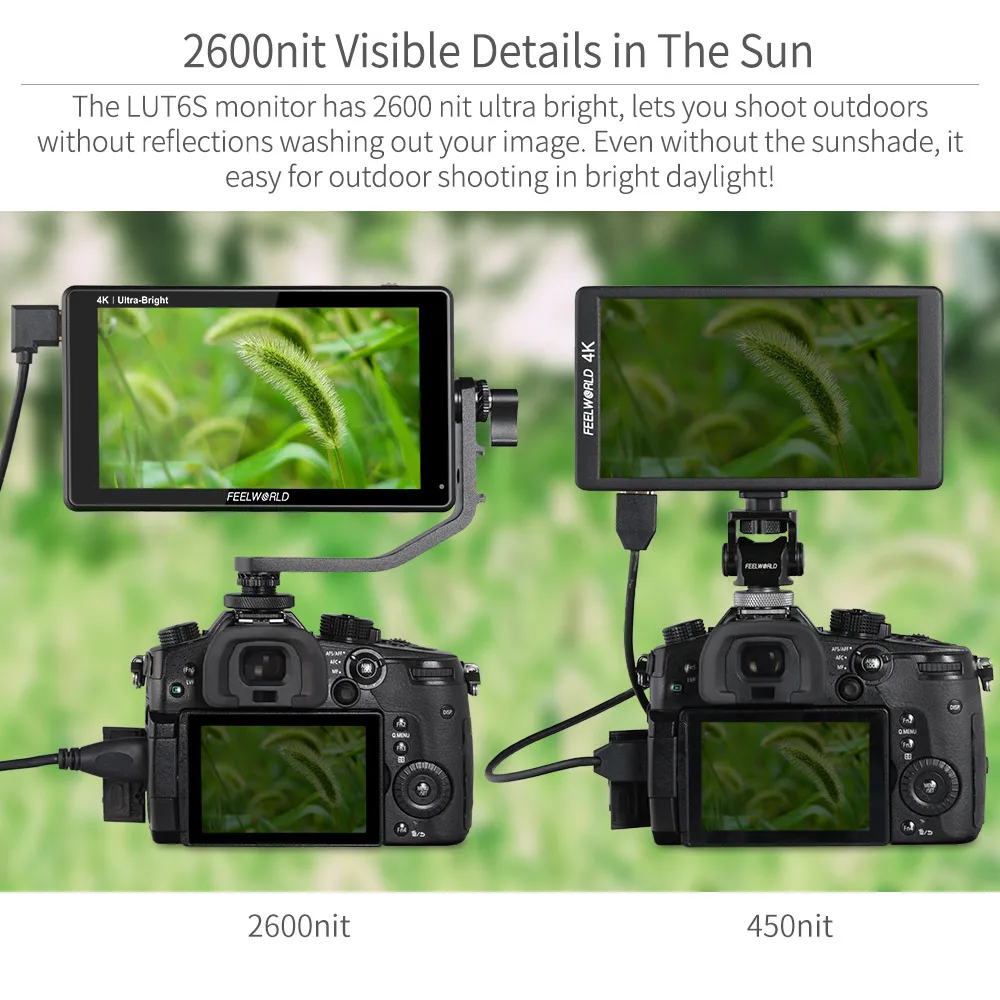 Feelworld LUT6S หน้าจอสัมผัสขนาด6นิ้ว2600nits, มอนิเตอร์สนาม3G-SDI HDR 3D LUT เอาต์พุต HDMI 4K 1920X1080 IPS
