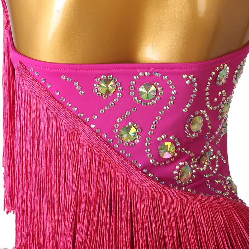 Vestidos de competição latina sem mangas com strass para mulheres, dança, rosa vermelha, samba, branco, tango, vestido de baile, costas sem mangas