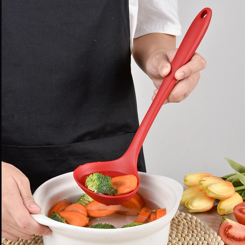 Venlohome Non-stick Silicone Ladle Soup Spoon Curved Handle Heat Resistant Round Scoop With Hygienic Coating FDA Cook Utensils