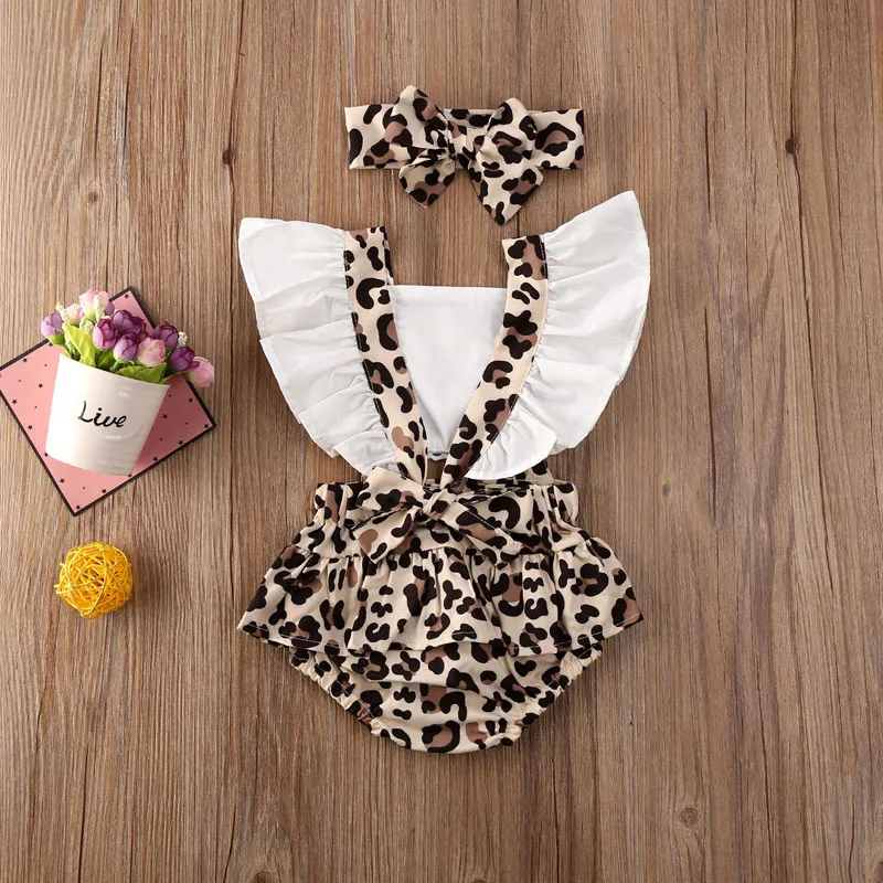 Pudcoco US Stock 0-24M 2PCS Summer Newborn Baby Girl Clothes Set Off Shoulder Leopard Bodysuit Jumpsuit Headband Outfit Set