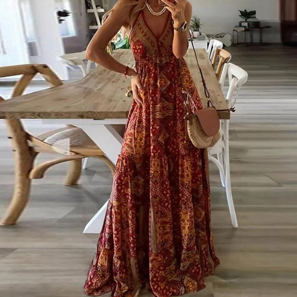 Stijlvolle Boho Jurk Losse Vrouwen Vrouwen Jurk Mouwloos Backless Diepe V-hals Jurk Voor Vakantie Zomer Jurk