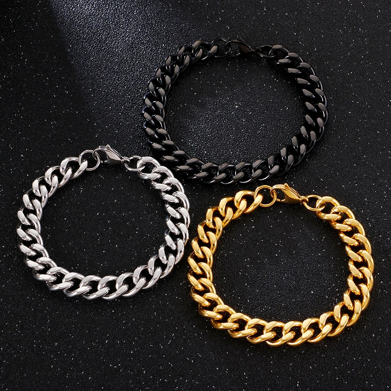 Kalen 11mm Dubai Gold Color Link Bracelet Men 16-24cm Black Cuban Chain Stainless Steel Jewelry