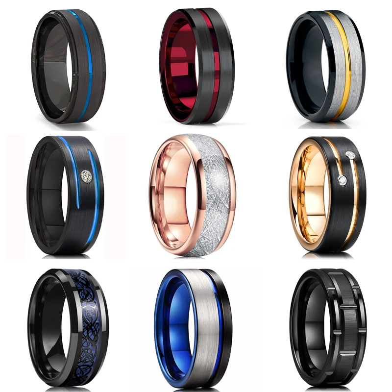 Fashion 8MM Men's Blue Groove Beveled Edge Tungsten Carbide Ring Black Celtic Dragon Blue carbon fibre Ring Men Wedding Band