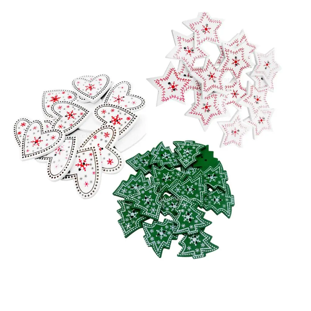 25 Pieces Snowflake Christmas Tree / Love Heart / Star Wooden Buttons Embellishment Fit Sewing & Scrapbooking 2 Holes