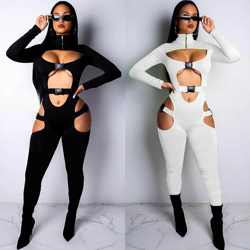 Sexy Hollow Out Buckle Bandage Jumpsuit Women Party Clubwear One Piece Outfits Long Sleeve Skinny Turtleneck Bodycon Rompers