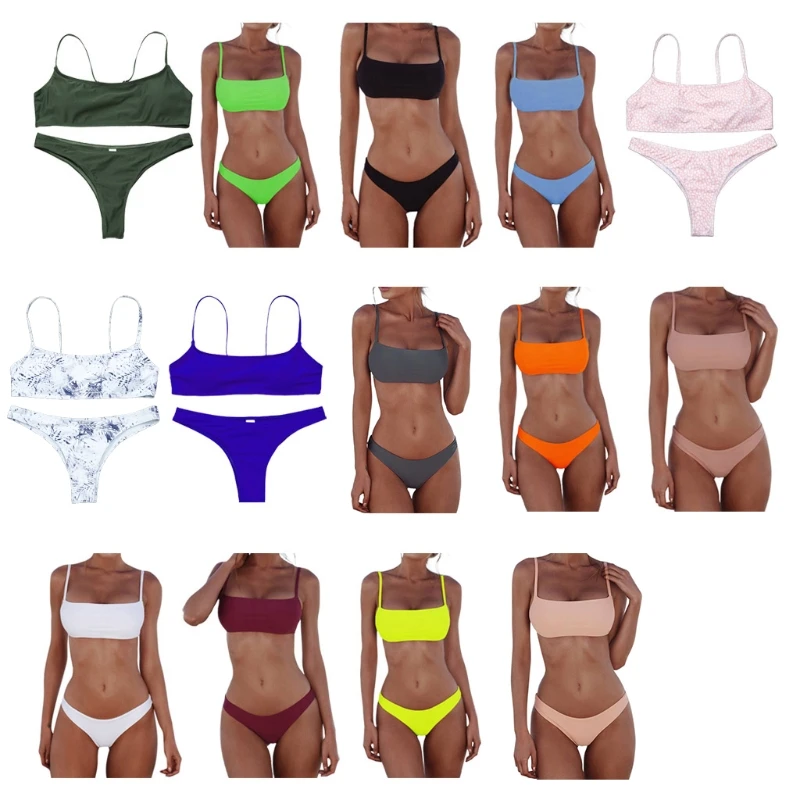 

Hot Summer Beach Fashion Women Sexy Push Up Bra Low Waist Thongs Solid Color Bikini Set Triangle Swimsuit