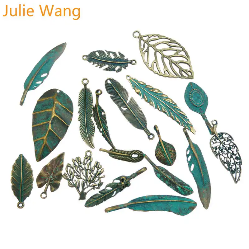 Julie Wang Random 14pcs Antique Bronze Feather Metal Alloy Pendant Charms Necklace Bracelet Jewelry Findings Making Accessories