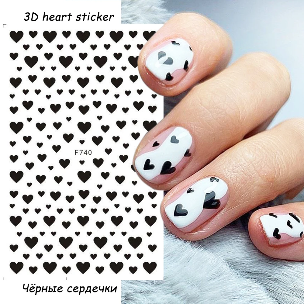 1pcs 3D Nail Sticker Black Heart Love Self-Adhesive Slider Letters Nail Art Decorations Stars Decals Manicure Accessories GLF740