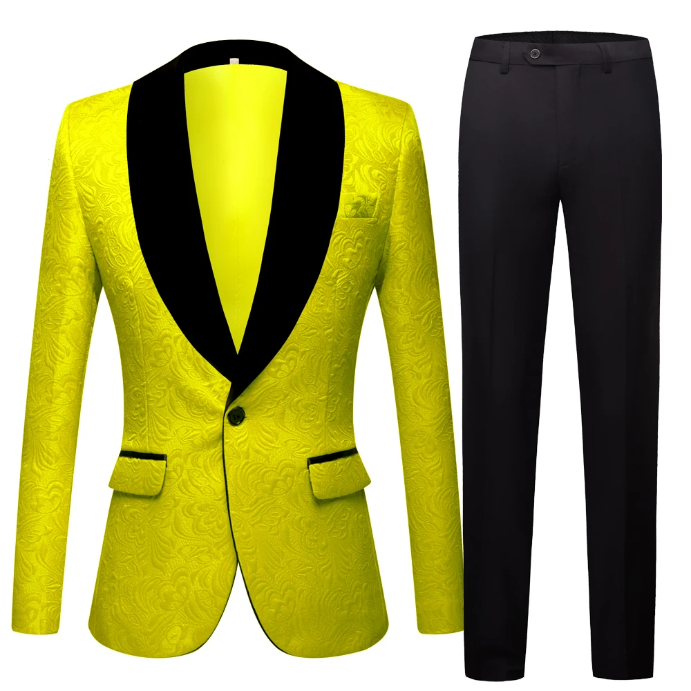 Men\'s Wedding Suits Smoking Tuxedo Jacket 2 Piece Groom Terno Suits for Men Plus Size Yellow Pink Blue Suits (coat+pants)