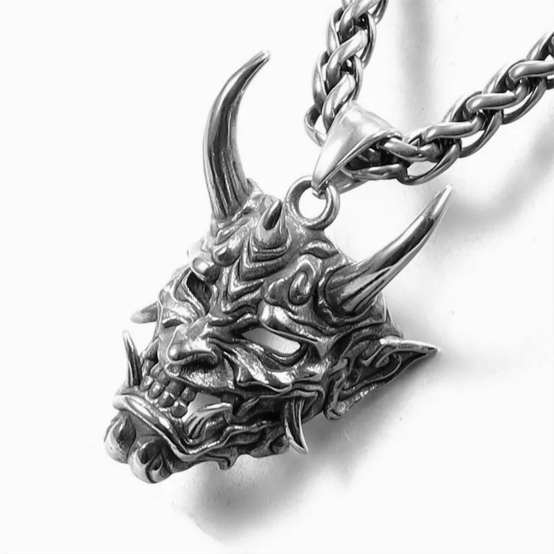 Retro Gothic Punk Necklace Prajna Ghost Demon Fang Mask Mens Titanium Steel Necklace Monster Skull Pendant Jewelry Gift