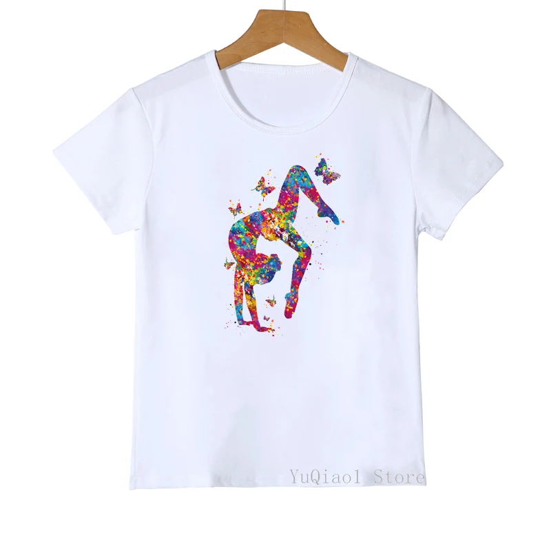 Watercolor gymnastics art print t-shirt for girls GYM lover birthday gift t shirt white custom tshirt kids clothes wholesale