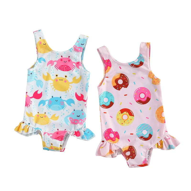 Baby Girl Cute Crab Donut Print Swimsuit Ruffle Frill Swimwear 0-3Y Infant Toddler Kids Summer Casual Sleeveless Bathing Suits