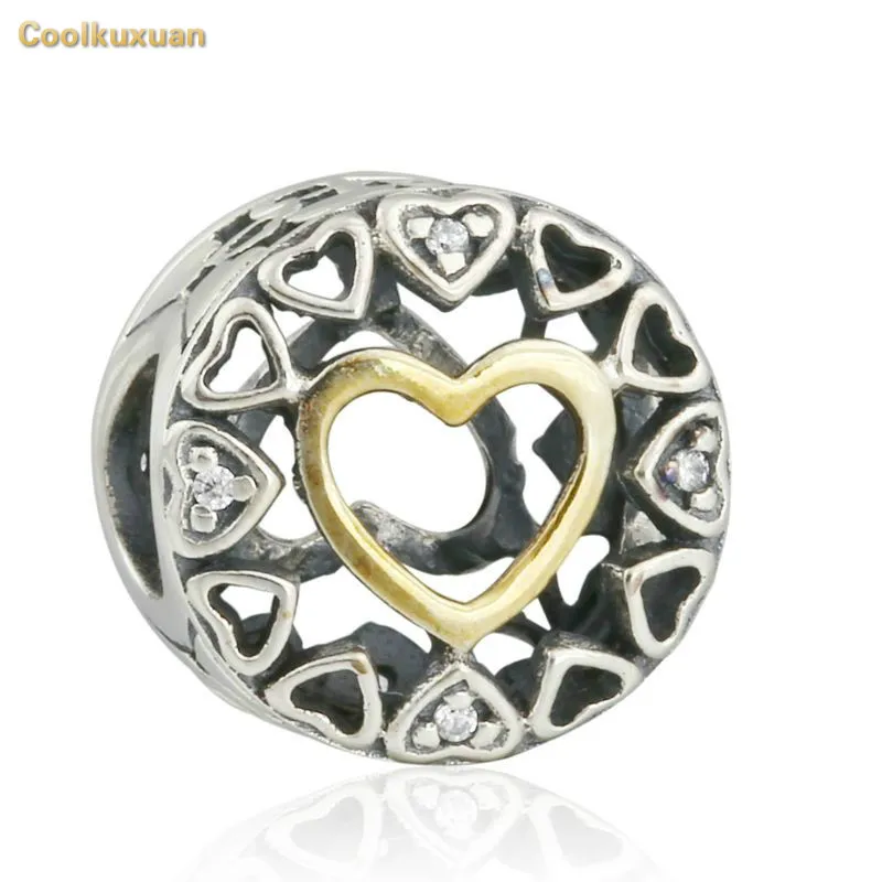 

925 Sterling Silver Two Tone Loving Circle Openwork Hearts Charm Beads With CZ Fits Pandora Bracelet Making Diy Accessory