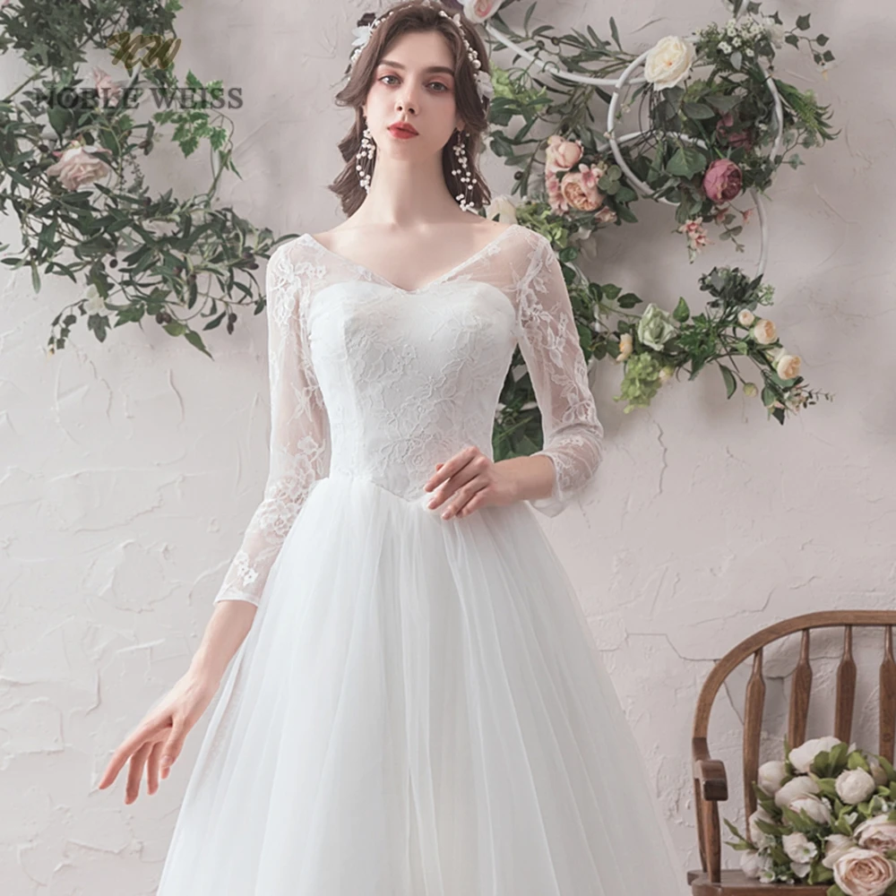 Wedding Dresses  V-neck  Lace  A-Line  Tulle Wedding Dress with Sleeves Bridal Dress  Beach Wedding Customized