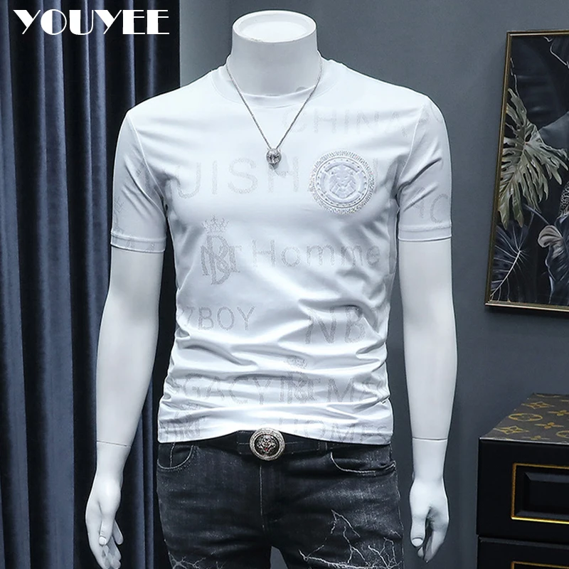 Short Sleeve T-shirt Men\'s Slim Embroidered Light Luxury New Trend Summer Round Neck Male Tees Top Man Wear Clothing M-4XL