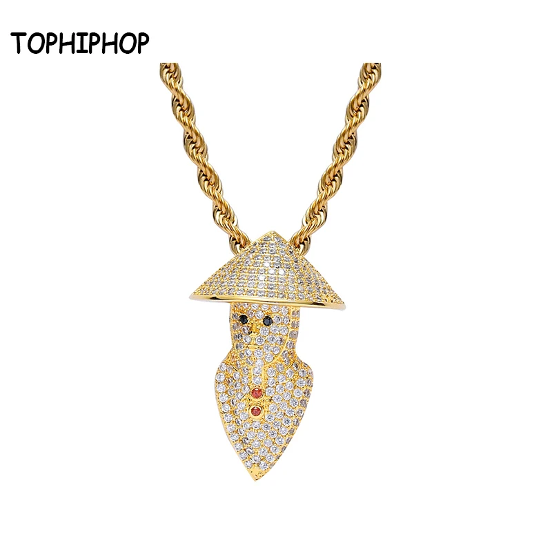 

TOPHIPHOP Bling Bling Chinese Old Hat Fisherman Pendant Necklace Jewelry Men's White Gold Alien Iced Out AAA+Cubic Zircon Stone