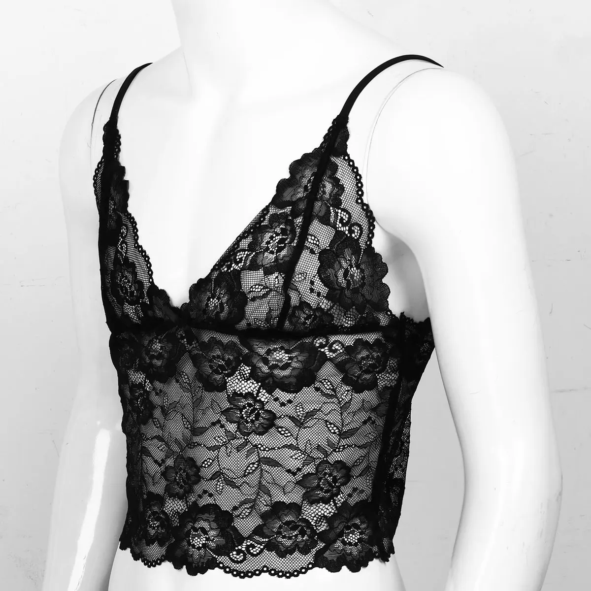 Sissy Mens Lingerie Porno Vest Tops See Through sheer Lace Sissy Bra Tops Spaghetti Straps Exotic Parties Camisole Crop Top