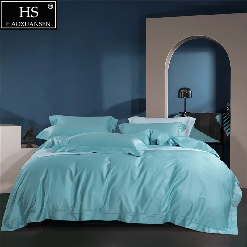 Sky Blue Color Double Row Hollow Out Wide Edge Design 4Pieces Bedding Sets Nordic Style Duvet Cover Cotton Bed Sheet Pillowcase