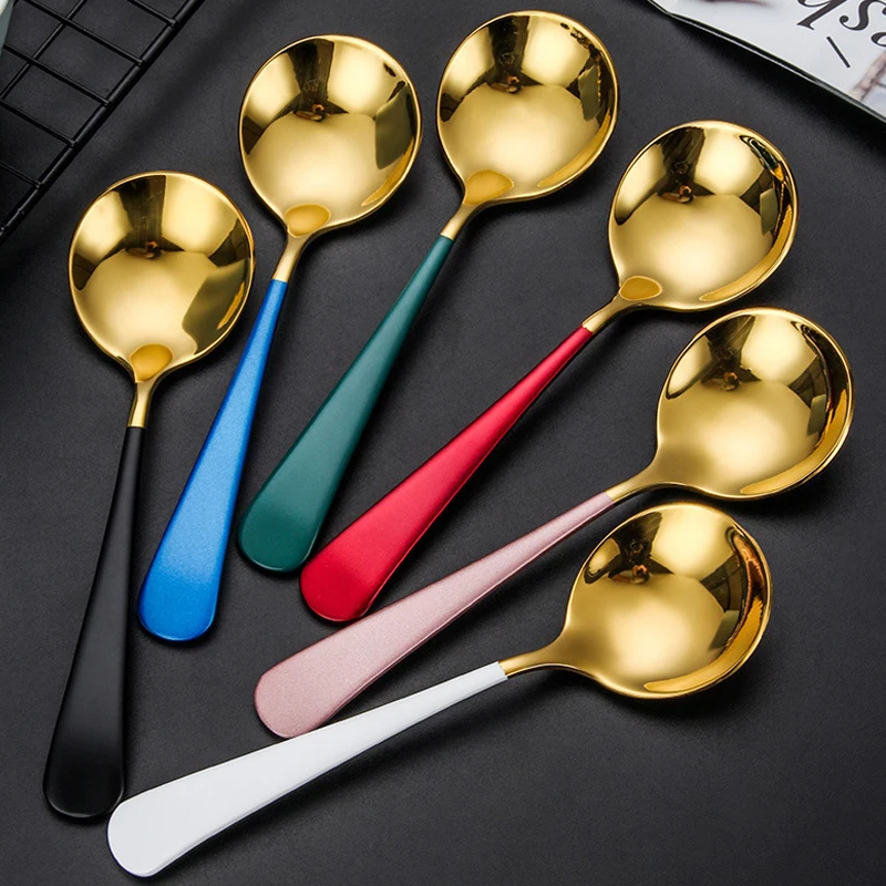 Stainless Steel Soup Spoons, Colorful Round Head Ice Cream Cake Dessert Spoon, Kitchen Tableware, Black Gold Mixing Coffee Spoon