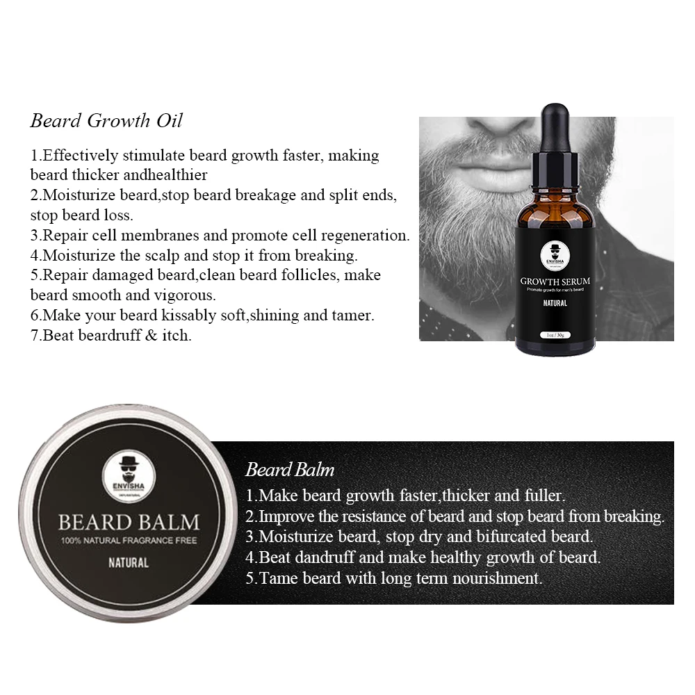 ENVISHA Beard Care Set Growth Cream Oil Serum Hair Loss Products For Men Nourishing Soft Smooth Repair Moisturizing Microneedles