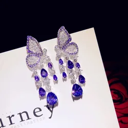 Vintge Jewelry Drop Earrings For Women 925 Created Purple Gemstone Long Tassels Butterfly Cubic Zirconia Eardrop Fine Jewelry