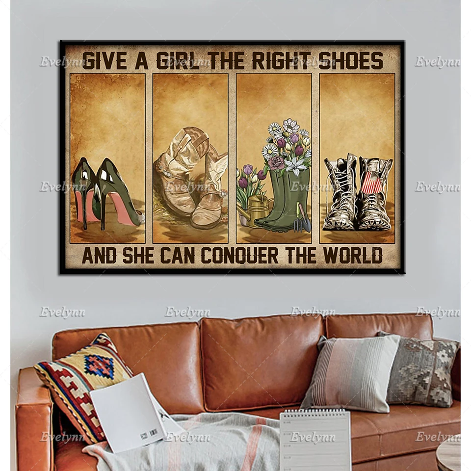 

Veteran Soldier Military Gardener Gardening Girl Cowgirl Poster Give A Girl The Right Shoes Wall Art Prints Home Decor Canvas