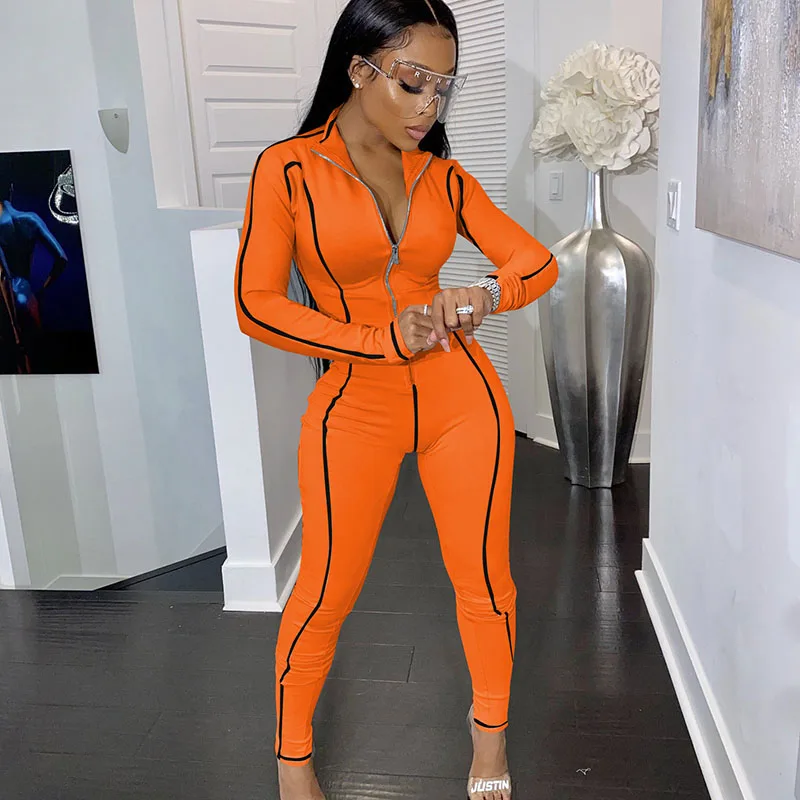 Striped Zipper Turn-down Collar Long Sleeve Jumpsuit Women Sportwear Workout Activewear Casual Rompers Skinny One Piece Overalls