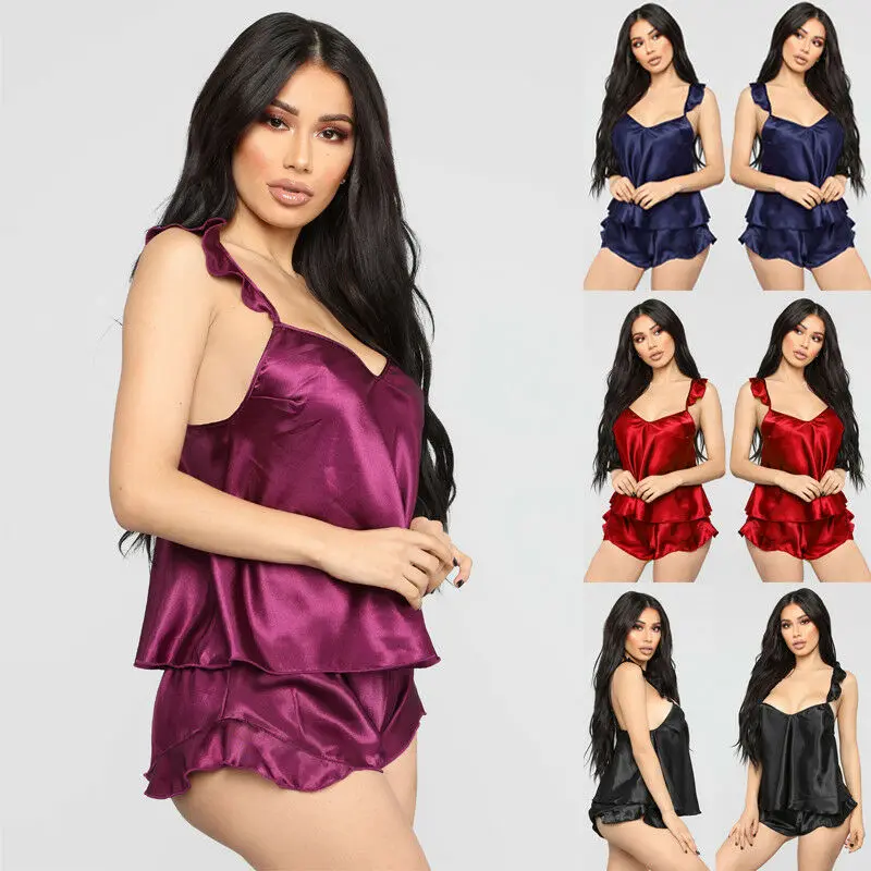 Women Sleepwear Babydoll  Lingerie Nightwear Shorts Pjama Set Ruffles Solid Satin Silk Lace Homewear S-XXL