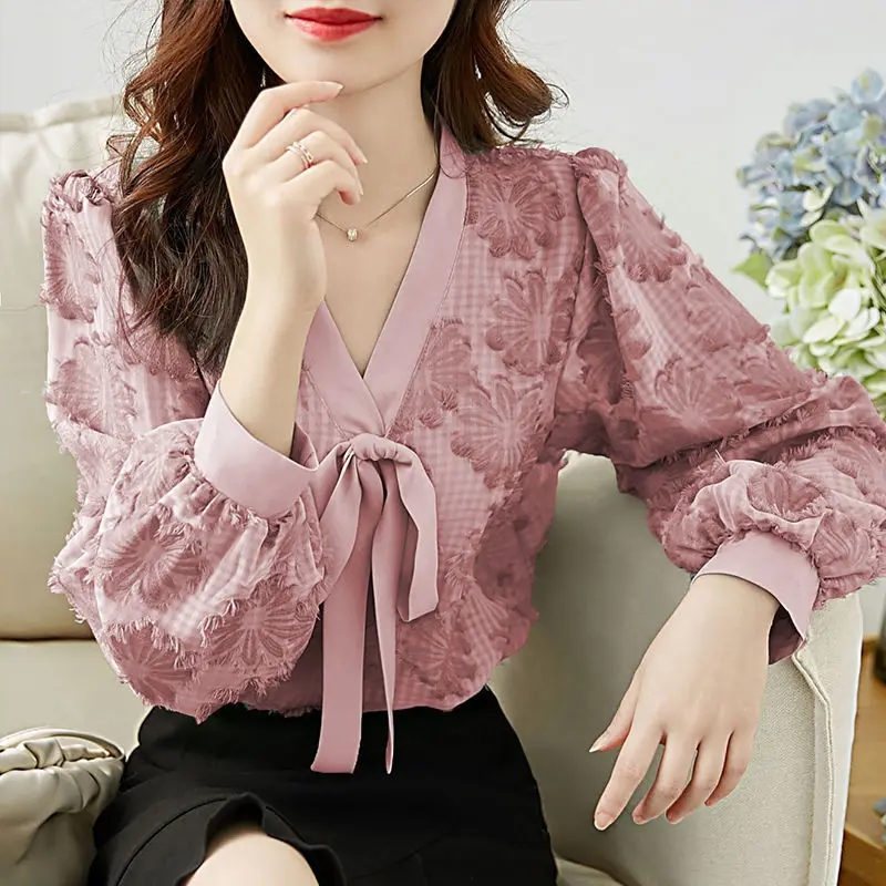 Lantern Sleeve Chiffon Blouses Shirt Women's Spring New Long Sleeve Bow Neck Flower Shirt Loose Slim Top Shirt