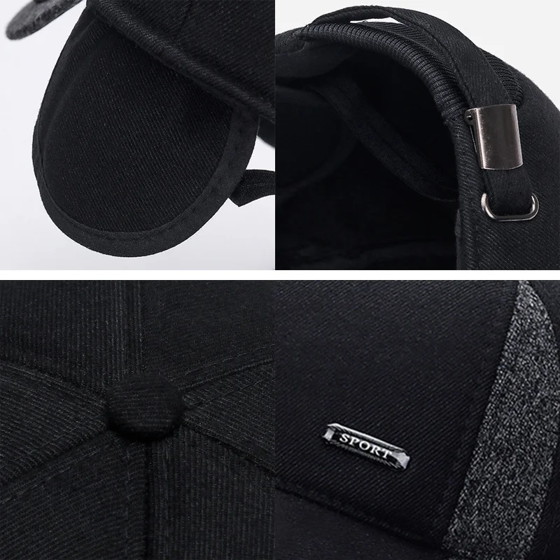 New Warm Mens Winter Wool Baseball Cap Ear Flaps Brand Snapback Hats Thicken Cotton Fitted Cap Gorra Hombre Trucker Cap