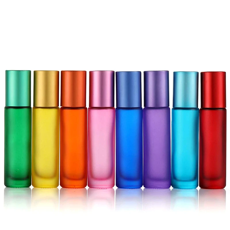 

100pcs Refillable Empty Perfume Vial Portable Travel Essential Oil 10ml Frosted Colorful Thick Glass Roller Ball Bottle