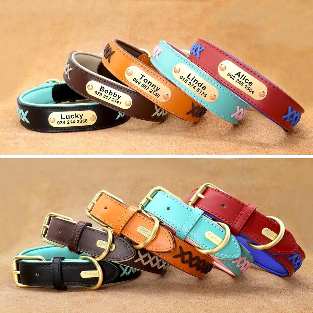 Custom Leather Dog Collar Personalized Pet ID Collar Padded Engraving Crystal Collars Adjustable For Small Medium Large Dogs