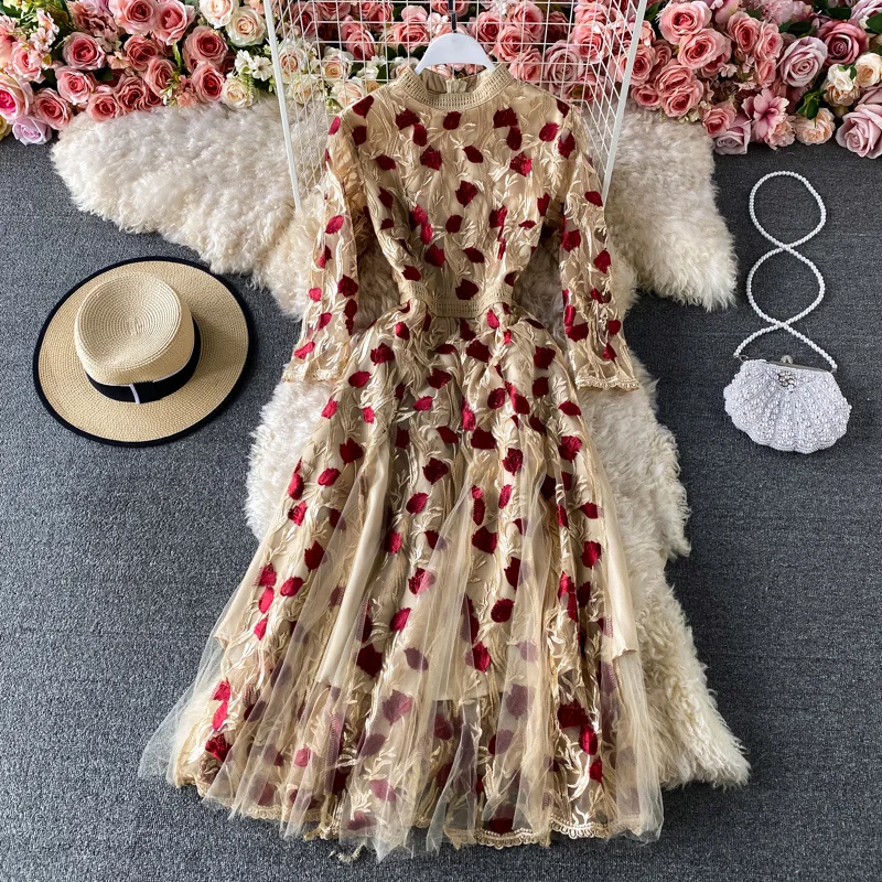 Đường Băng Tay Dài Chữ A Đảng Thu Đầm Nữ Boho Đầm Spring Phối Ren Thêu Cao Cấp 2022 Vintage Thanh Lịch Cao Cấp