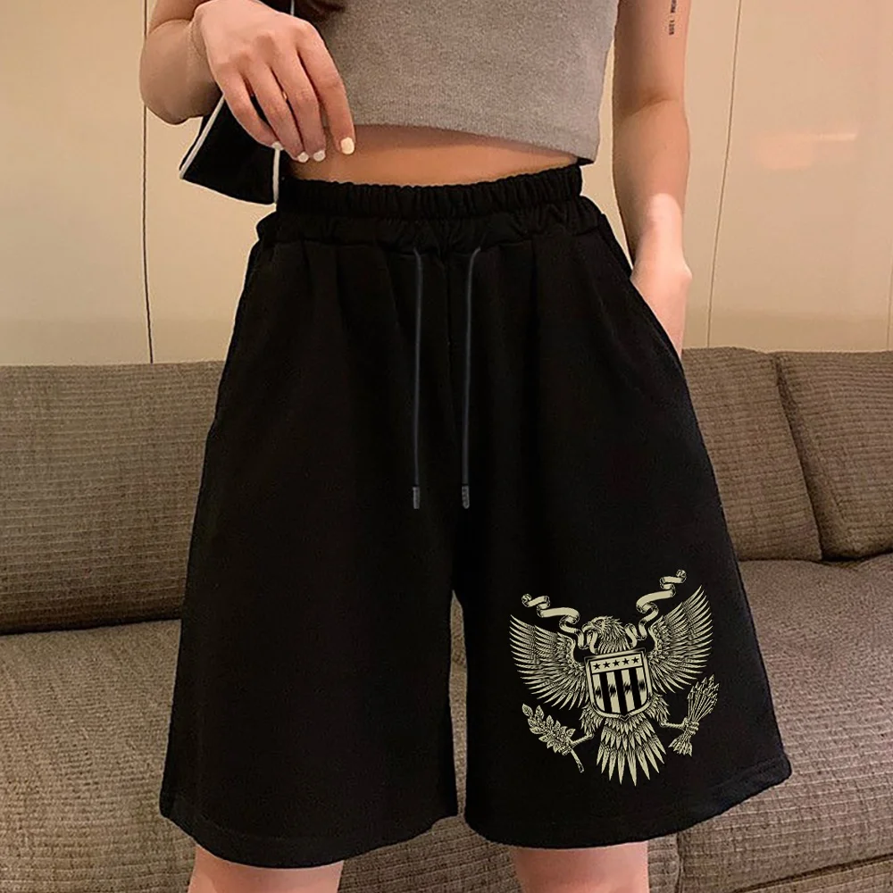 Summer Loose Shorts Women Fashion Casual Black Skull Printed Shorts High Waist Shorts Elastic Waist Drawstring Beach Boardshorts