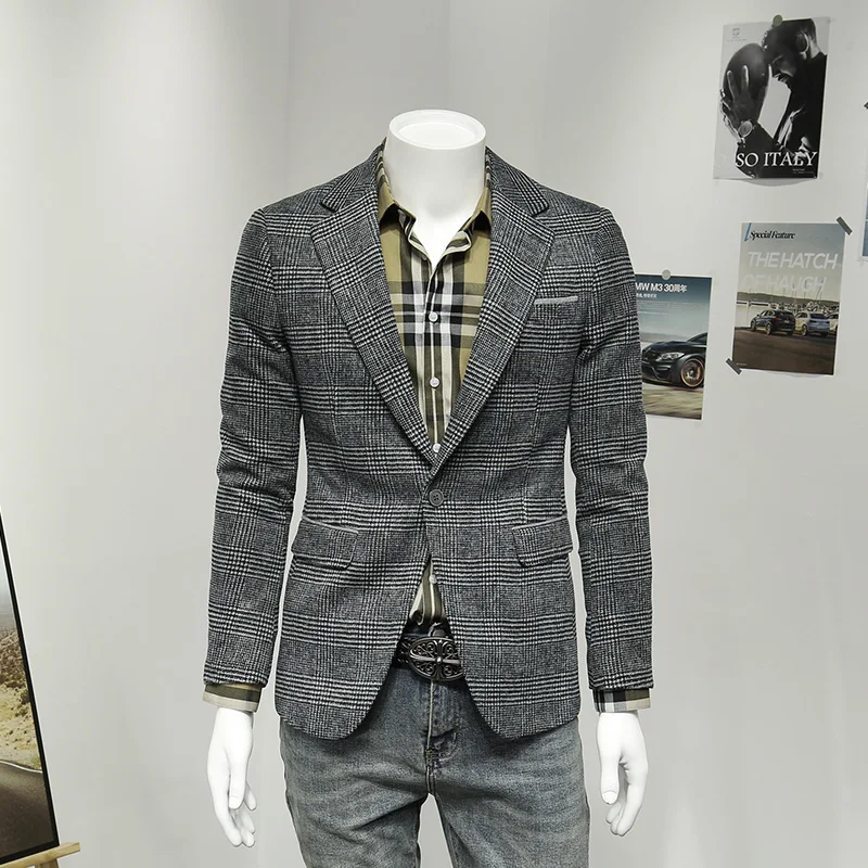 

10% Wool Men Suits Jackets Grey Plaid 2021 Autumn Warm Thicken Blazers Retro Style Business Man Wedding Groom Wear