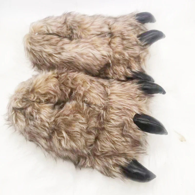 Wholesale Luxury Fluffy Paw AntiSlip Brown Plush House Indoor Slippers Men Animal Plush Home Bedroom Claw Slides Women Sandals