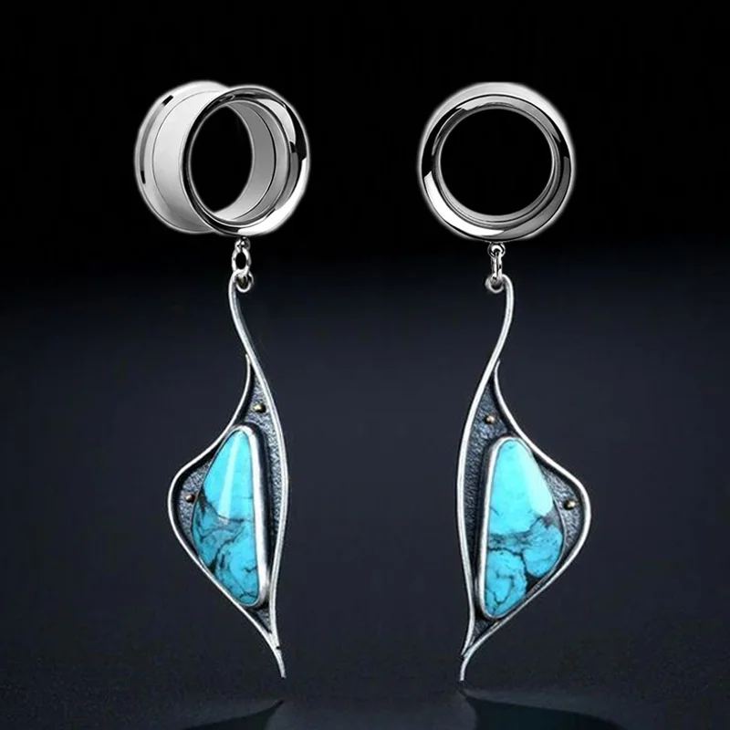 2PCS WaterDrop Pendant Blue Stone Stainless Steel  Ear Tunnel Plug Ear Gauges Flesh Tunnel Earring Piercing Expander 4mm-25mm