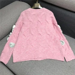 Pink Fashion Knitted New Womens Cardigan Stereoscopic Embroidery Flower Vintage Warm Wool Sweater Autumn Winter Female Clothing