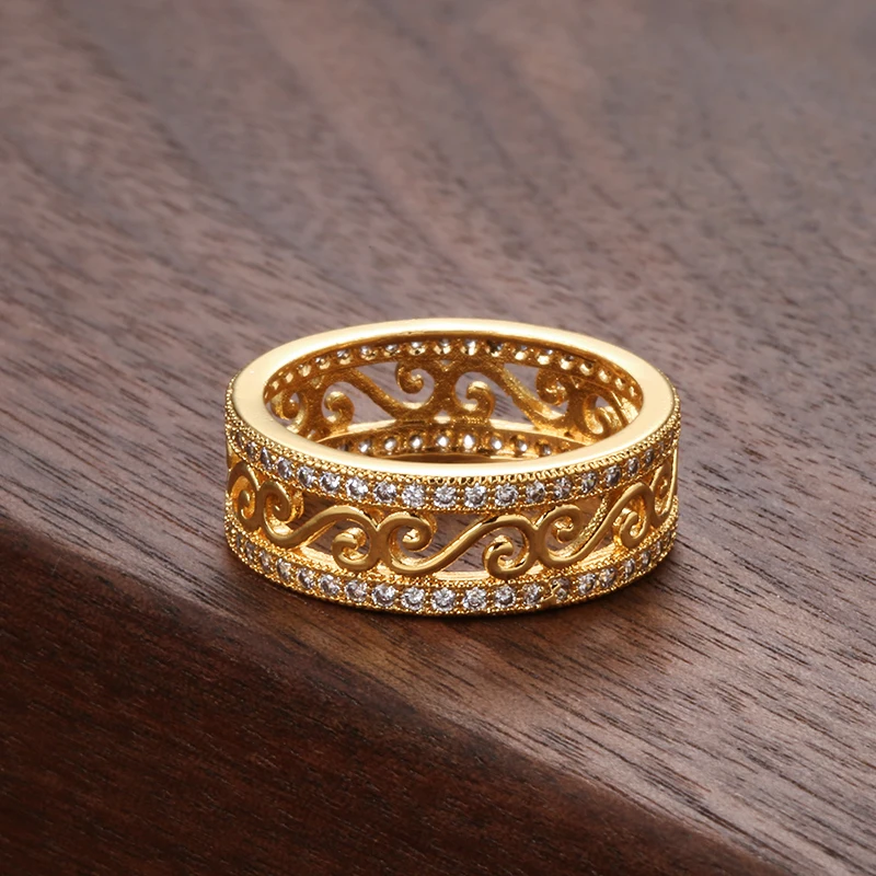 Kinel New Arrivals 18K Real Gold Ring Double Row Micro-wax Inlay Natural Zircon Hollow Rings Women Wedding Party Fine Jewelry