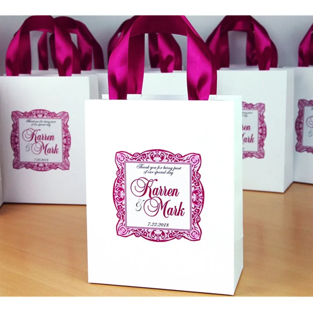 Personalized Wedding Welcome Bags with Fucshia satin ribbon  and custom tag, Elegant Paper Bags for Wedding Favors for guests