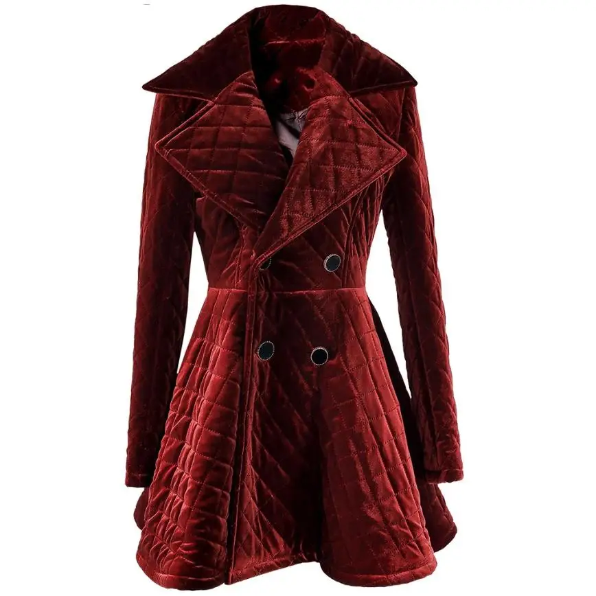 

Wine Red Velvet Cotton Padded Parkas Coat Women Double Breasted Winter Slim Work Skirt Velvet Long Coat