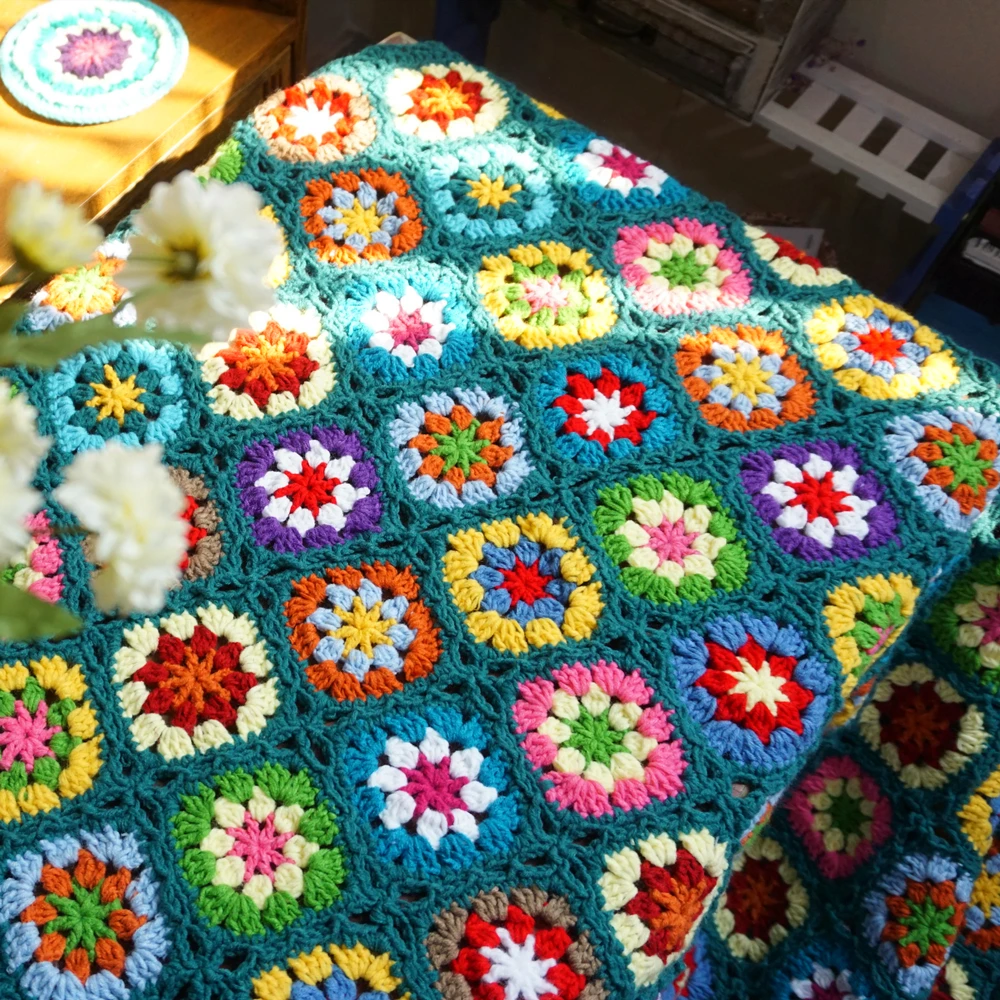 Colourful Daisy Handmade Crochet Blanket  Hand Hook Tablecloth Fashion Carpet  Yoga Bolster Cushion Party Crochet Table Mat