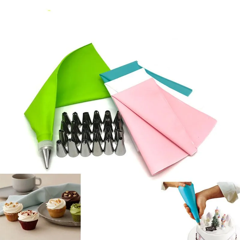 

26Pcs/Set Silicone Pastry Bag Tips Kitchen Cake Icing Piping Cream Cake Decorating Tools Reusable Pastry Bags+24 Nozzle Set