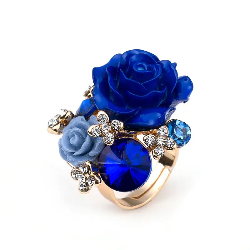 New 7 colors Resin Rose Flowers Gold Color Crystal Adjustable Opening Ring for Women Wedding Statement Finger Rings