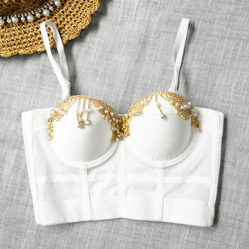 

Cupnaya Gold Fringes Pearls Embroidered Women Stretch Crop Top Sexy Bustier Corset Inside Short Camisole Bralette White
