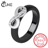 925 Elegant Rings Women 4mm Black White Ceramic Ring India Stone Crystal Infinity Comfort Wedding Rings Engagement Brand Jewelry