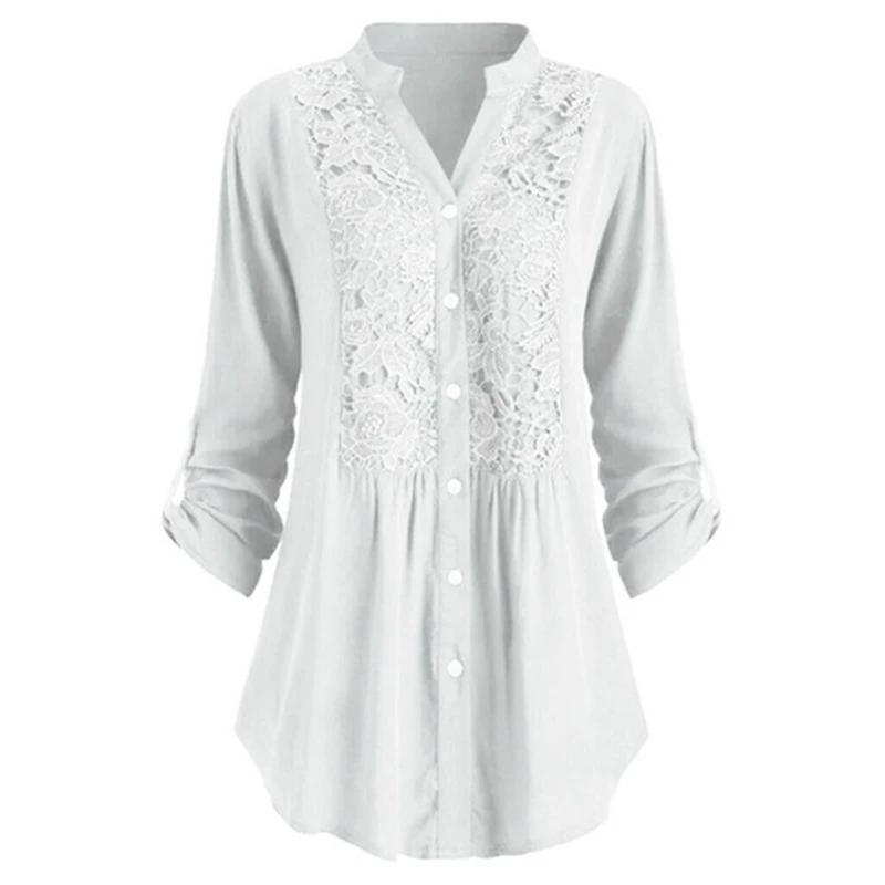 Women Solid Color Lace Splicing Single Breasted Casual Shirts Stand Collar Button Long Sleeves Loose Cotton Clothing