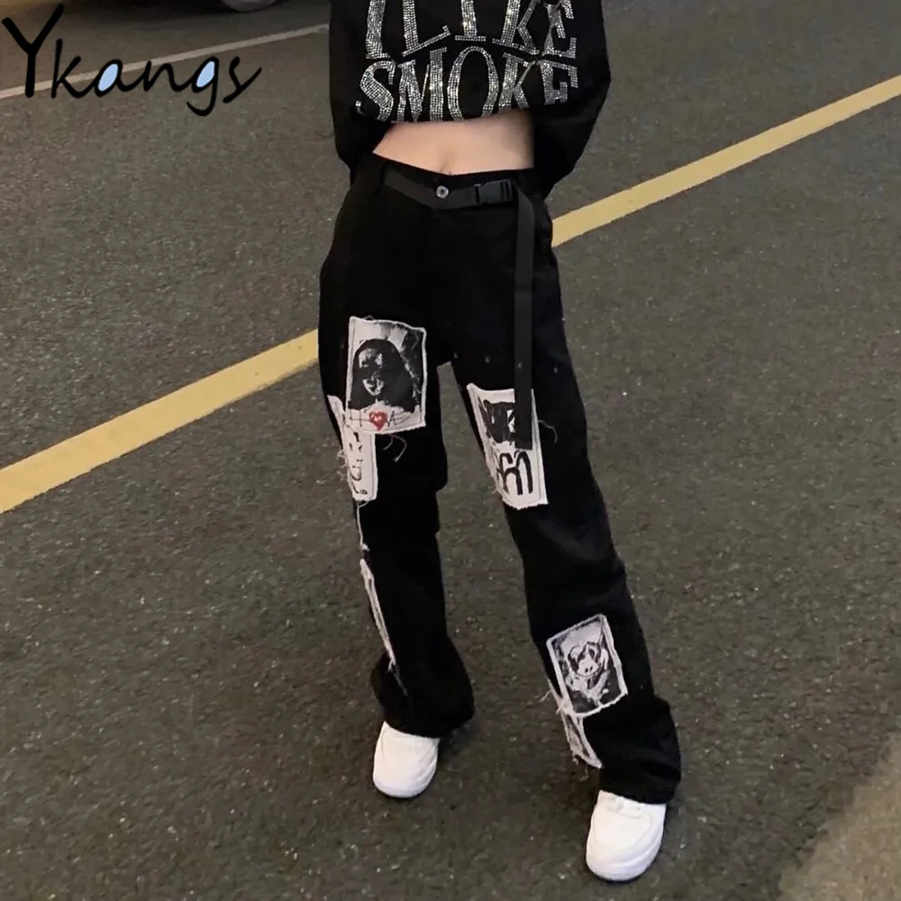 

Patch Designs Print Black High Waist Baggy Wide Leg Jean Women Hip Hop High Street Denim Pant Gothic Punk Harajuku Baggy Trouser